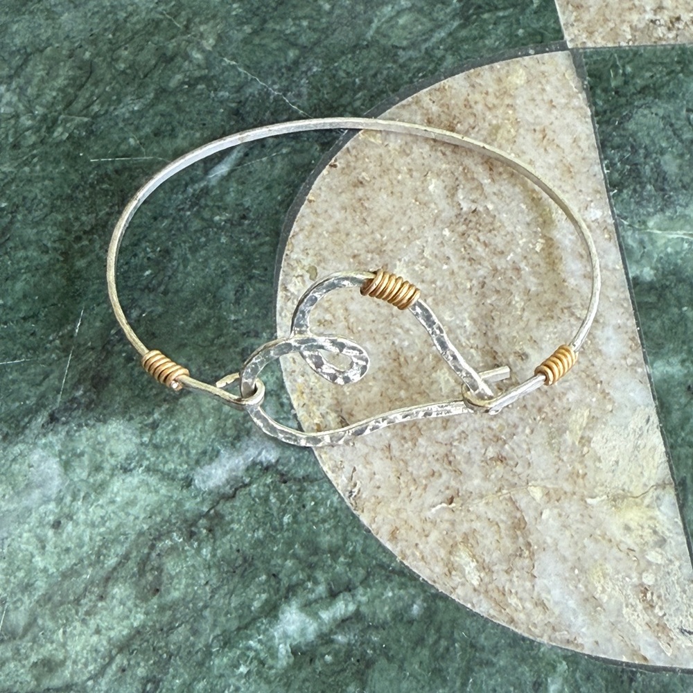 Unique Hammered Silver Heart Bangle with Gold Wire Wrapping